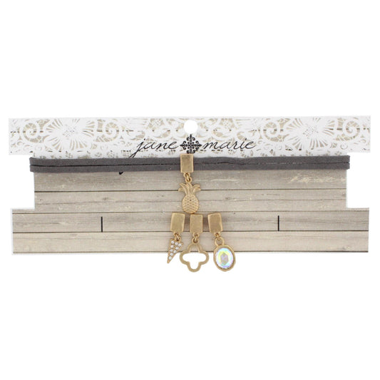 12" Grey Leather Choker with Pineapple, Quatrefoil, Rhinestone Spear, AB Clear Cabochon, 3" Ext