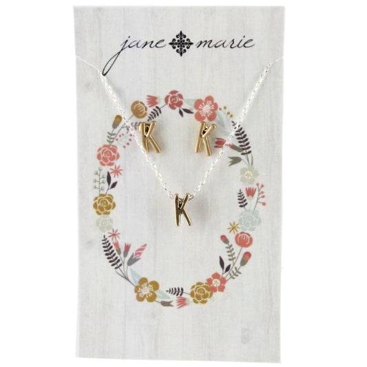 16" Gold K Initial Necklace with Silver Chain and Matching Gold Earrings, 3" Ext