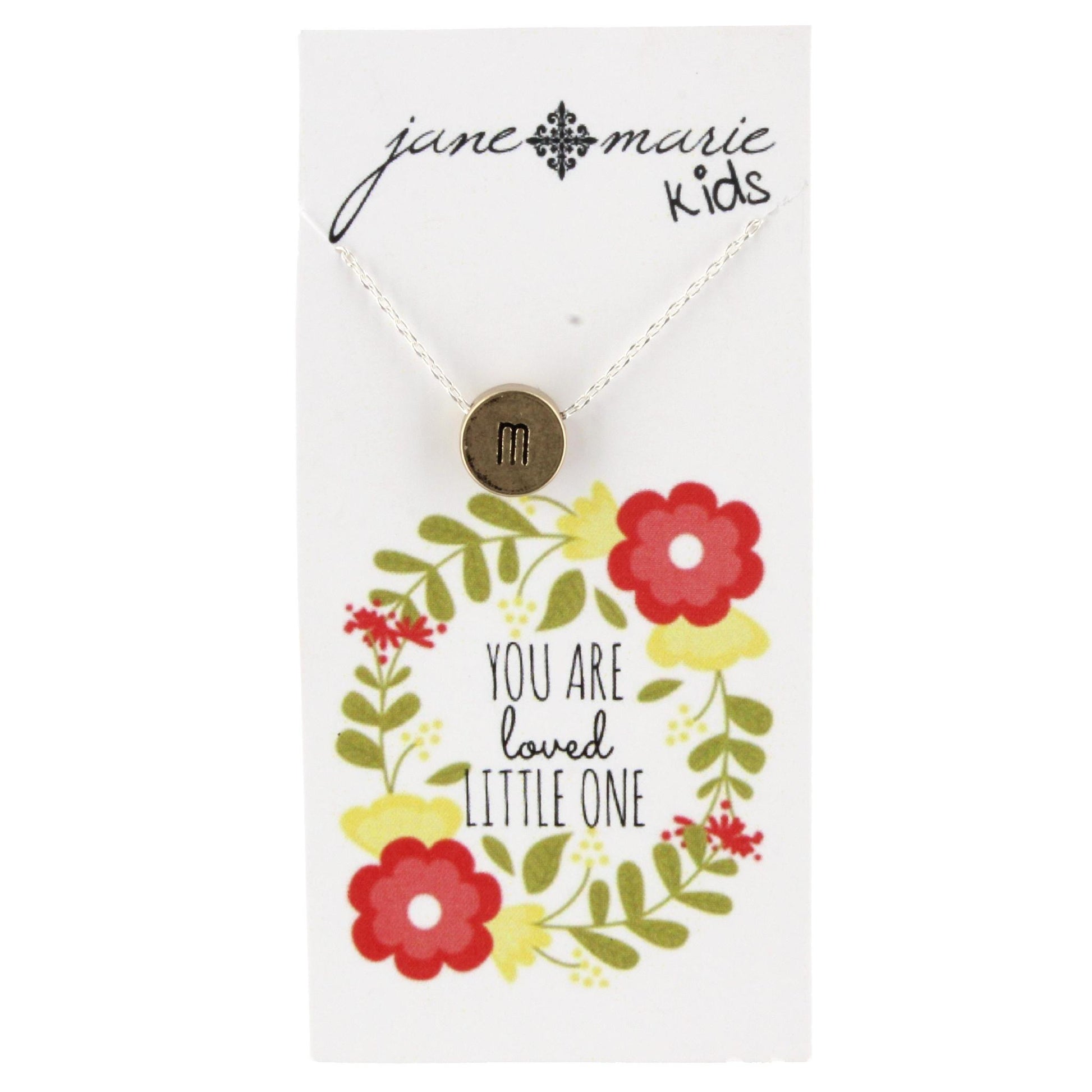 14" Gold Disk M Intial Necklace with Silver Chain and Heart on back, 3" Ext