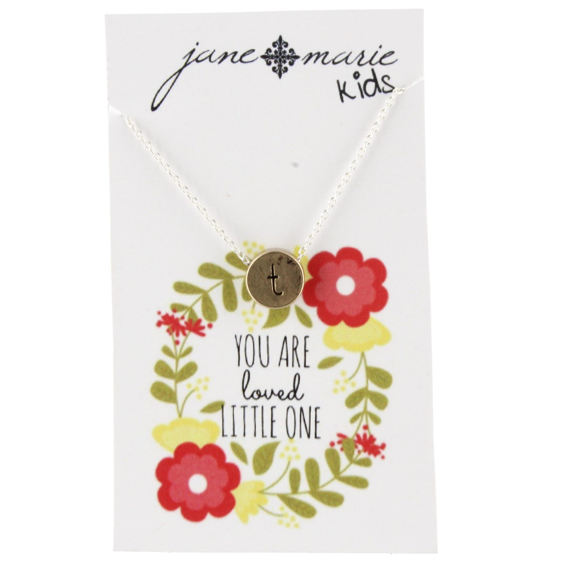 14" Gold Disk T Intial Necklace with Silver Chain and Heart on back, 3" Ext