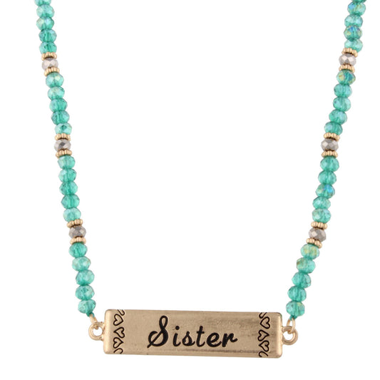16" Antique Gold, Teal Beads, Sister Bar with Five Hearts on Back, 3" Ext