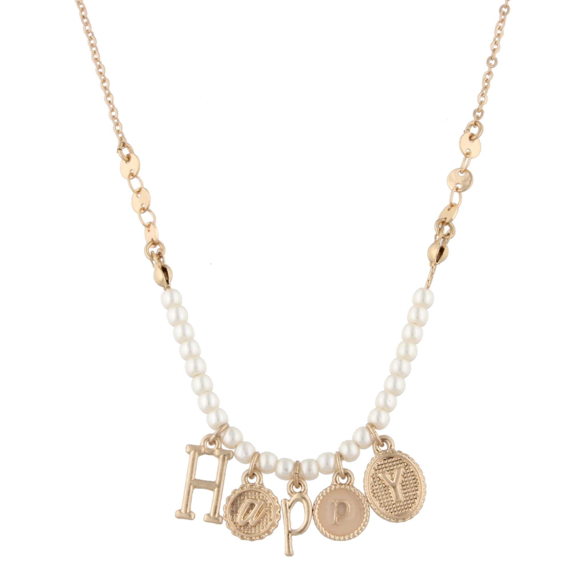 13" Gold Necklace with Pearl Beads and "Happy" Charms, 1" Ext