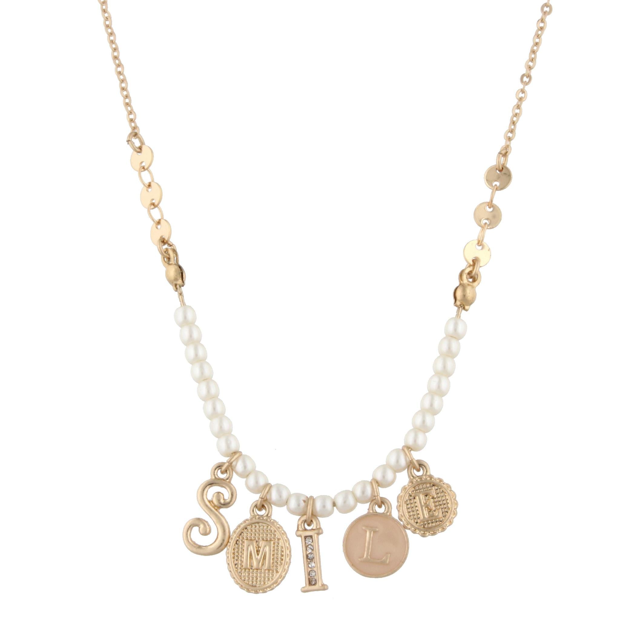 13" Gold Necklace with Pearl Beads and "Smile" Charms, 1" Ext