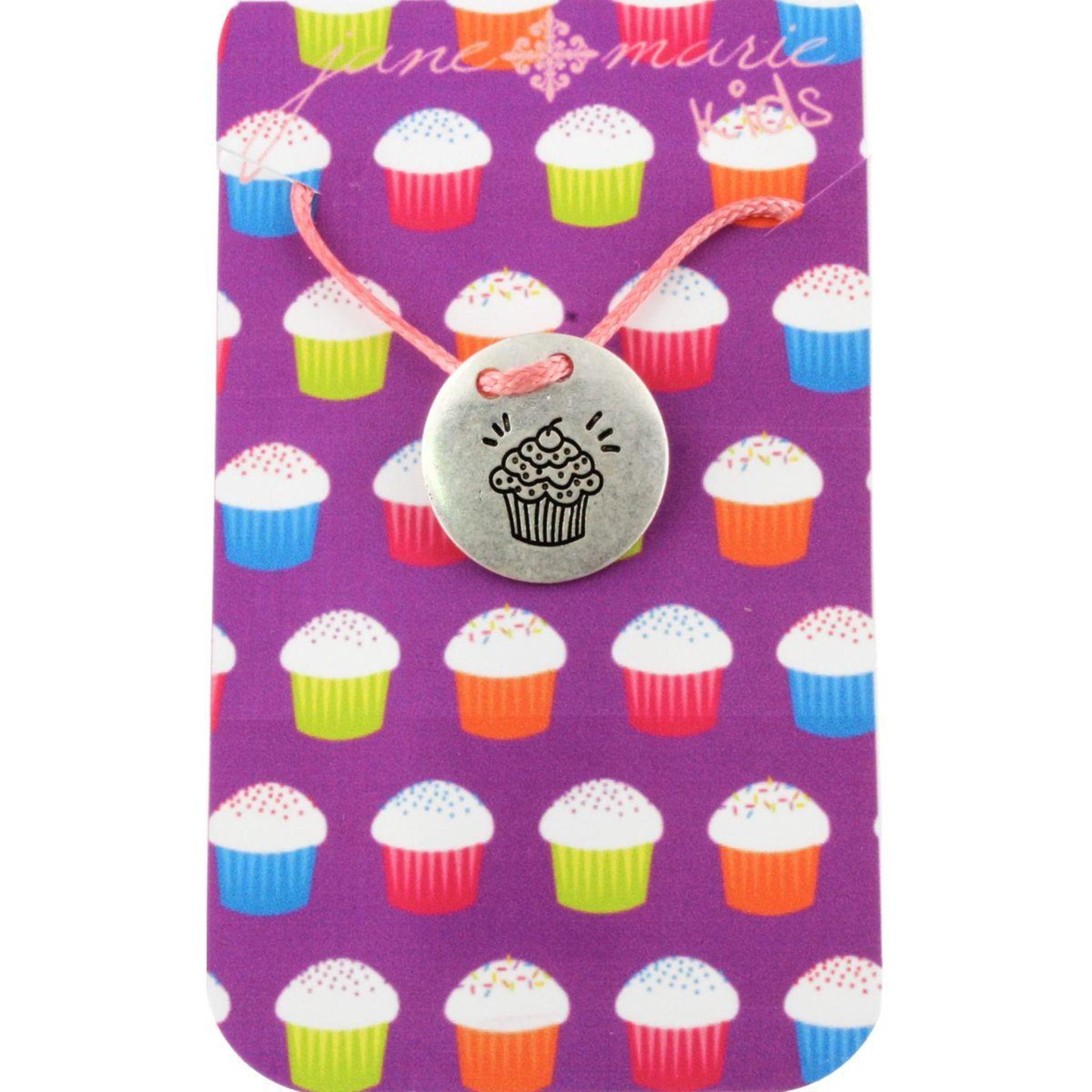 14" Kids Pink Corded Necklace with Silver Cupcake Disk,3" Ext
