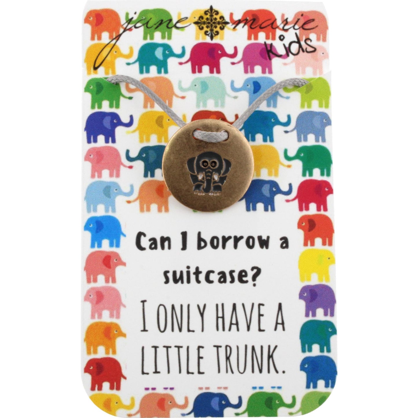 14" Kids Grey Corded Necklace with Gold Elephant Disk, 3" Ext