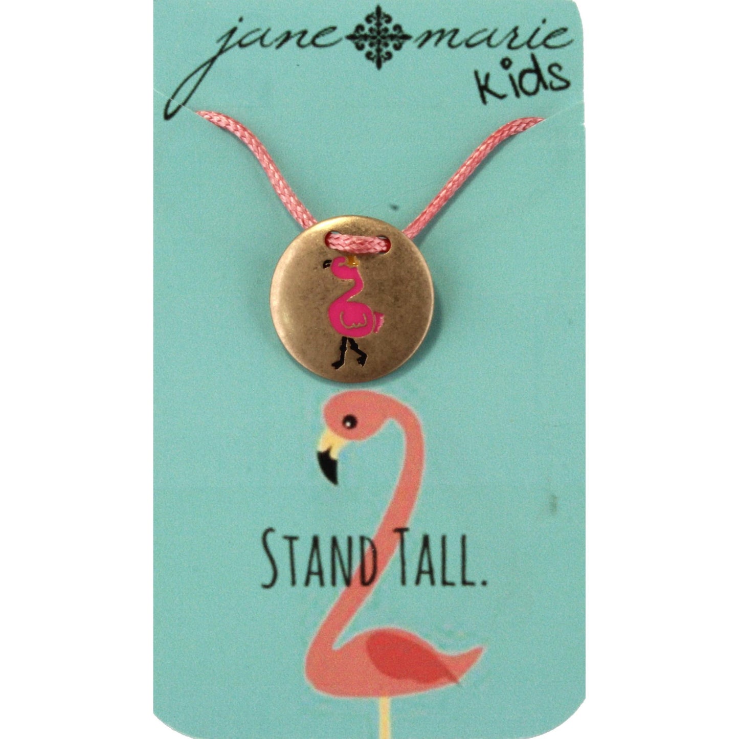 14" Kids Pink Corded Necklace with Gold Flamingo Disk, 3" Ext