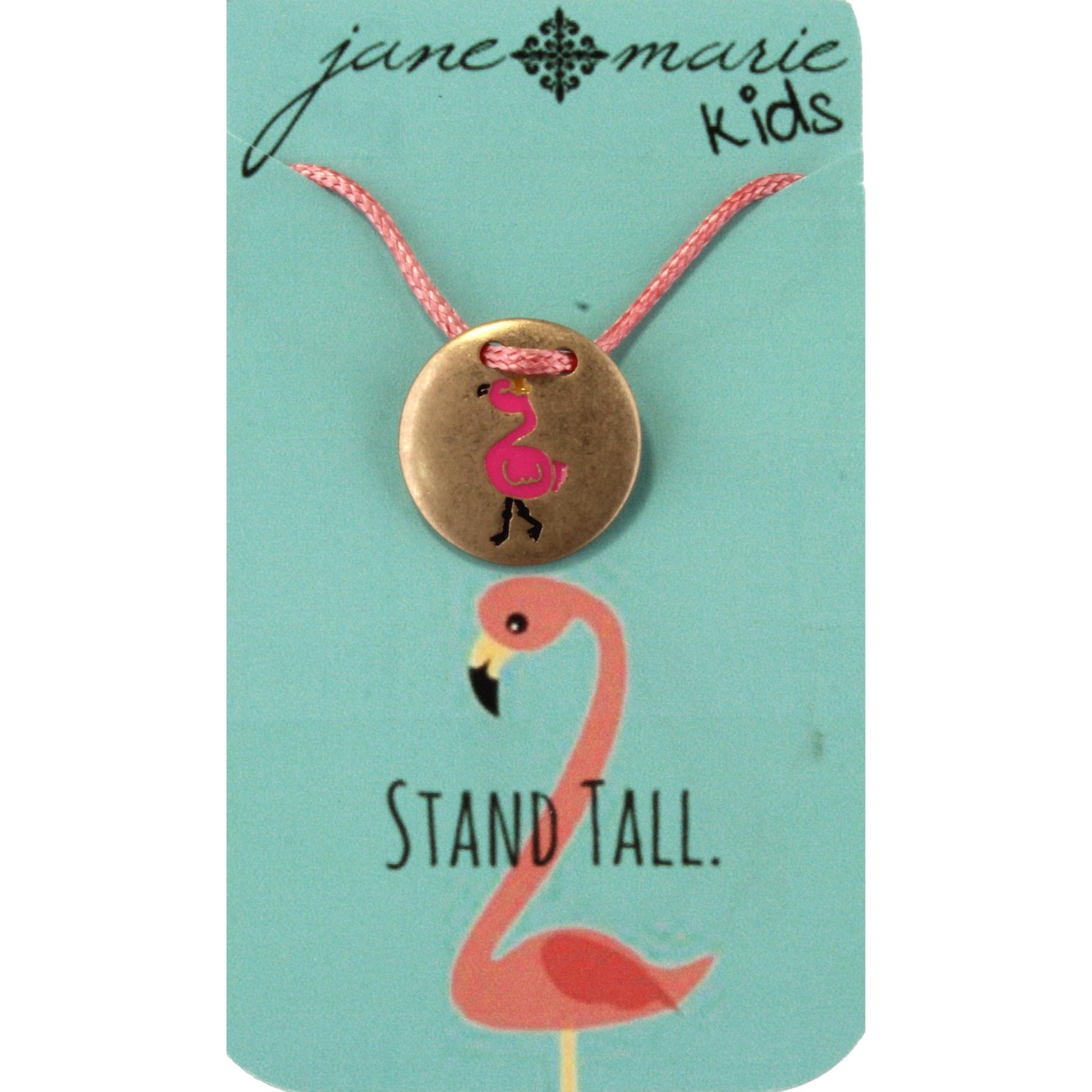 14" Kids Pink Corded Necklace with Gold Flamingo Disk, 3" Ext