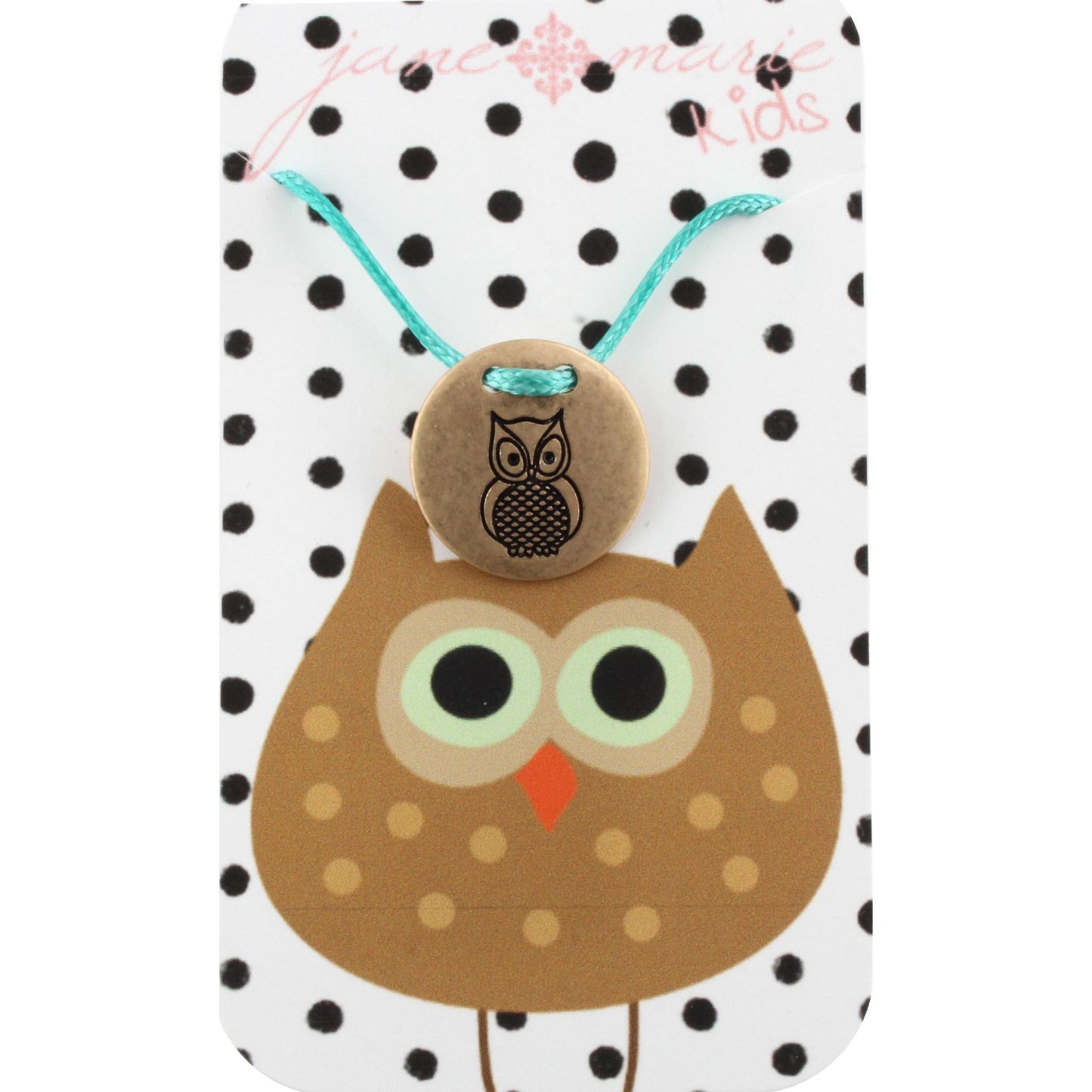 14" Kids Turquoise Corded Necklace with Gold Owl Disk, 3" Ext