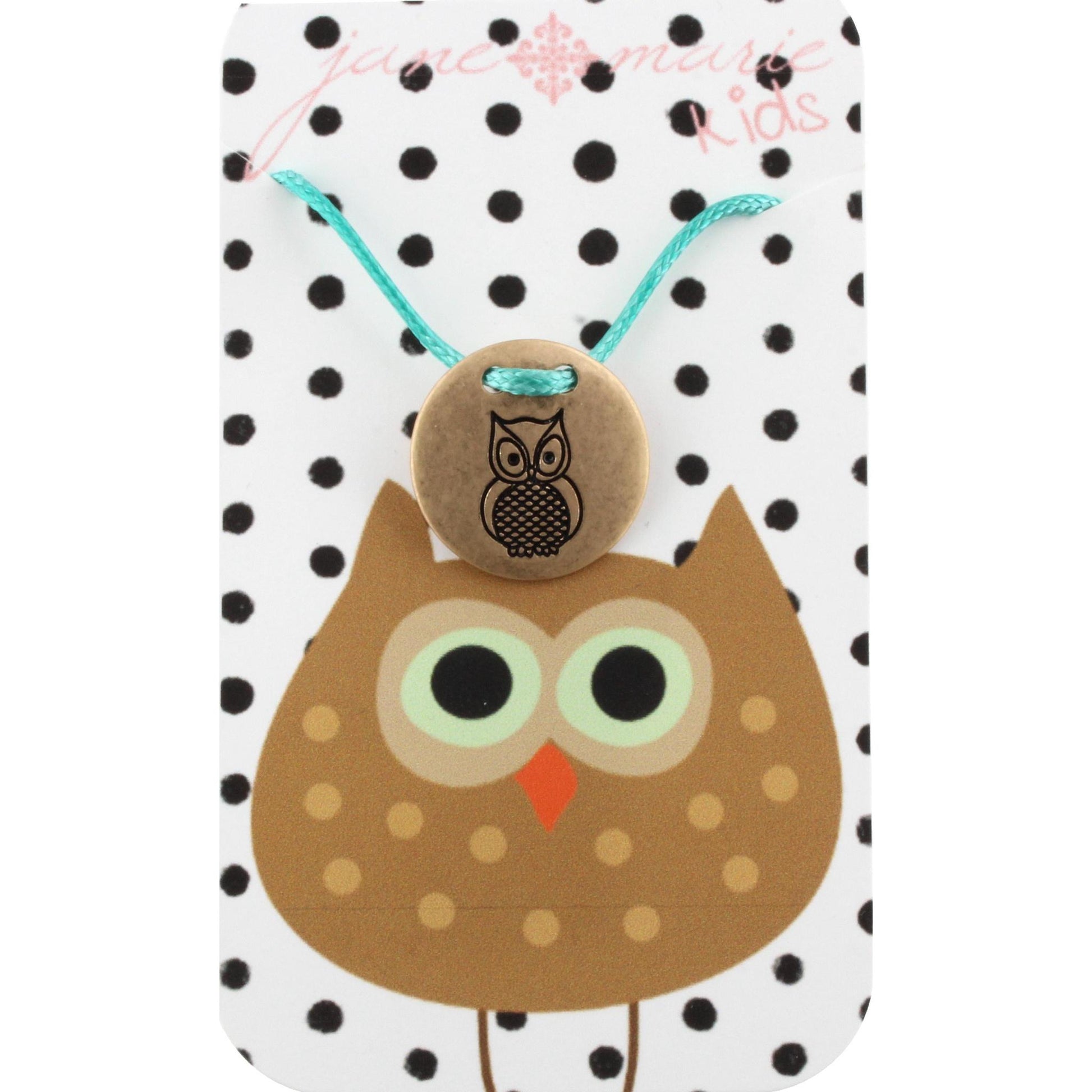 14" Kids Turquoise Corded Necklace with Gold Owl Disk, 3" Ext