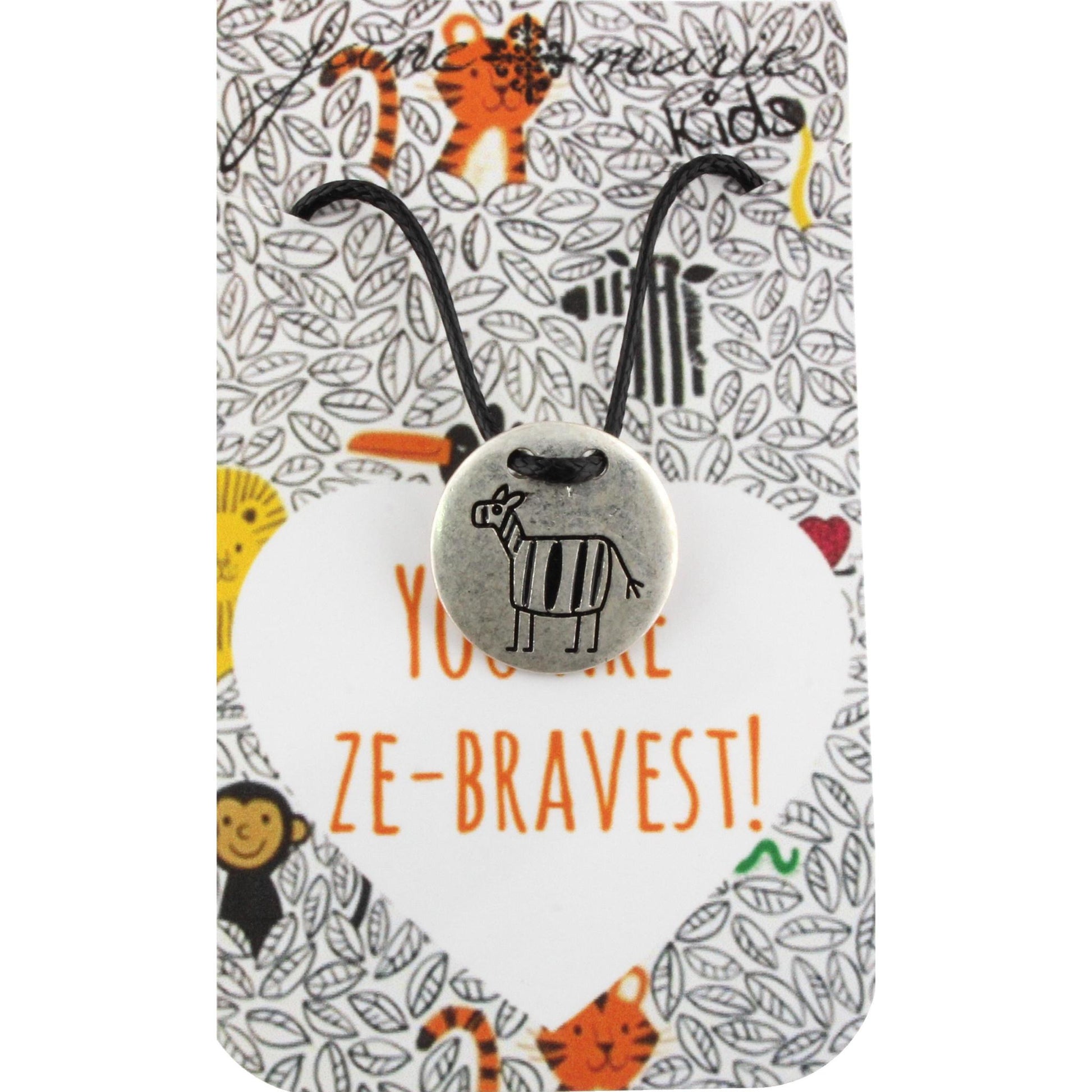 14" Kids Black Corded Necklace with Silver Zebra Disk, 3" Ext