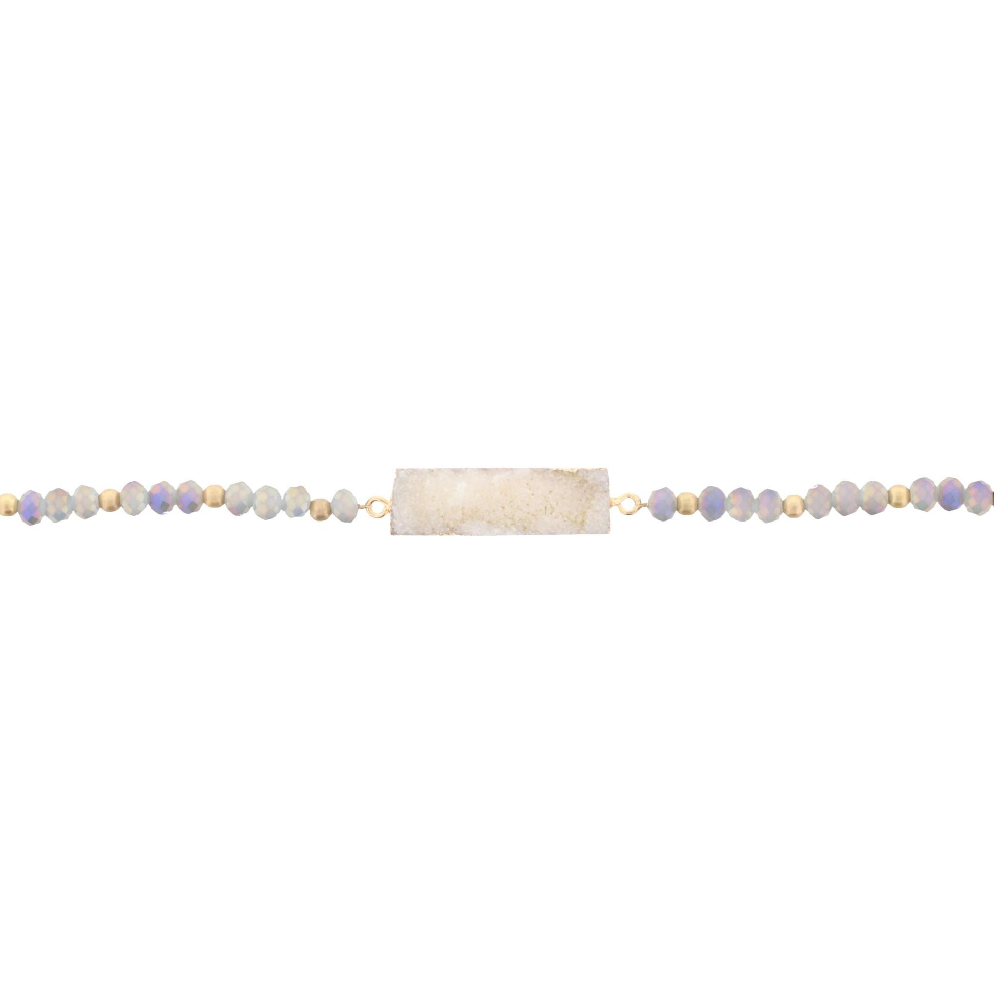 13" Grey Beaded Link Choker Necklace with Rectangle White Druzy, 3" Ext
