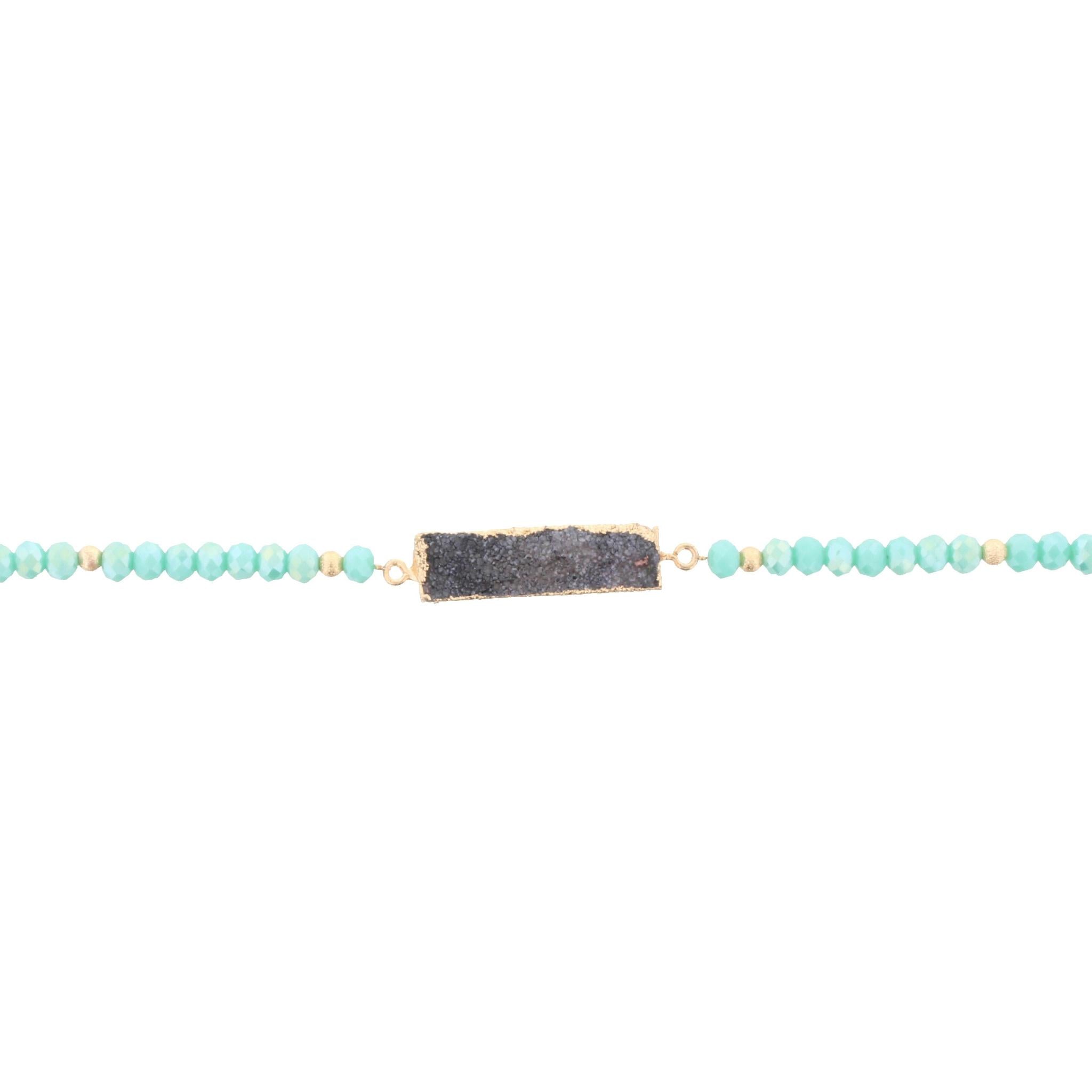 13" Aqua Beaded Link Choker Necklace with Rectangle Grey Druzy, 3" Ext