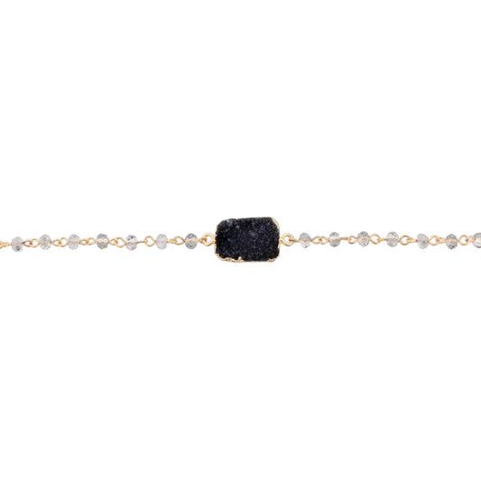 13" Black Diamond Beaded Link Choker Necklace with Black Druzy, 3" Ext