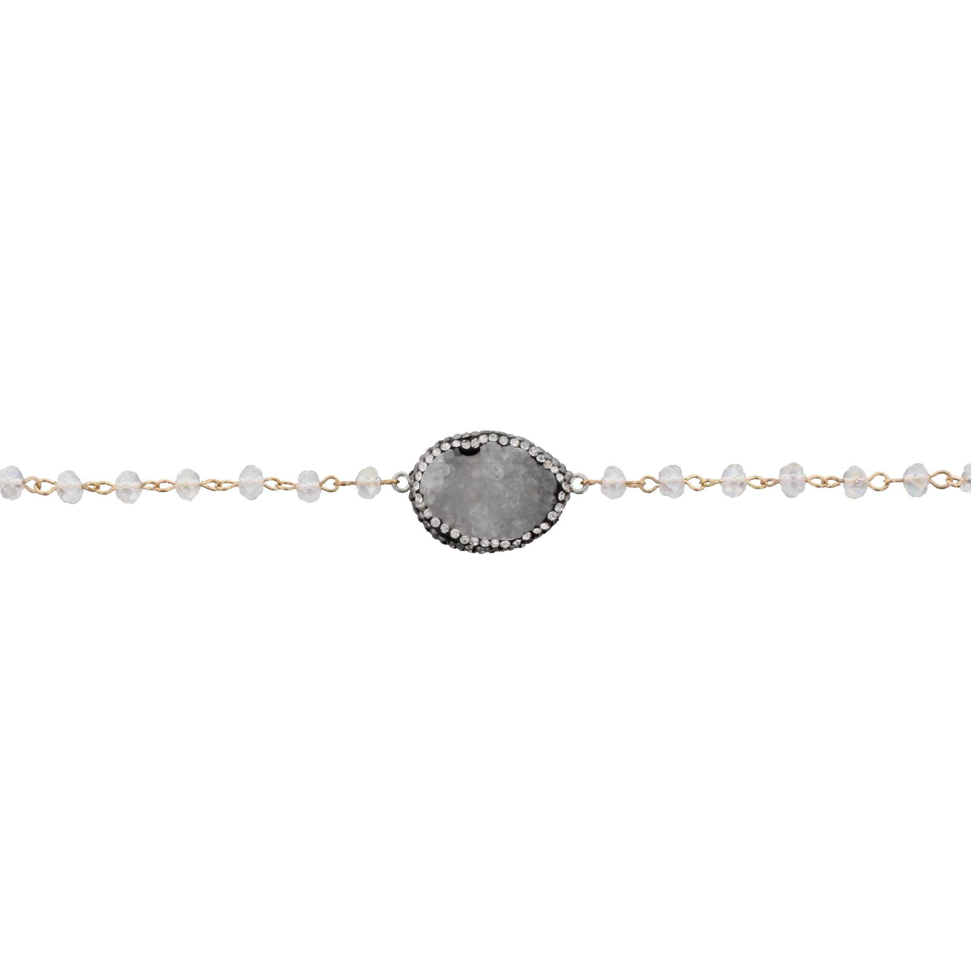 13" Clear Beaded Link Choker Necklace with Pave White Druzy Pearl, 3" Ext