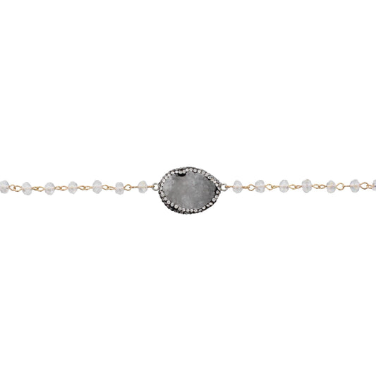 13" Clear Beaded Link Choker Necklace with Pave White Druzy Pearl, 3" Ext