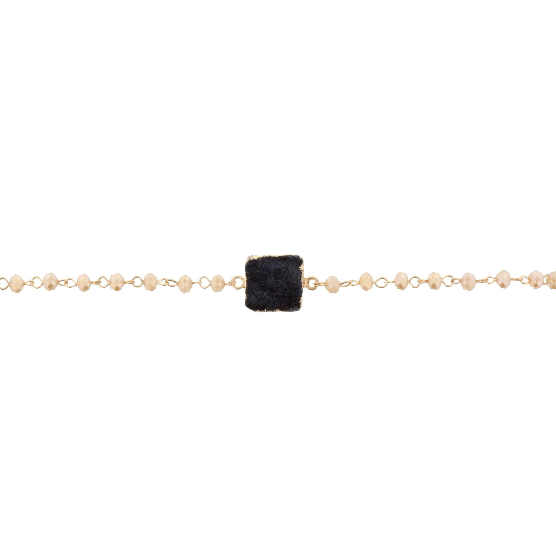 13" Cream Beaded Link Choker Necklace with Square Grey Druzy, 3" Ext