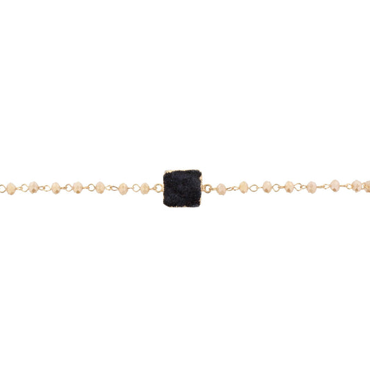 13" Cream Beaded Link Choker Necklace with Square Grey Druzy, 3" Ext