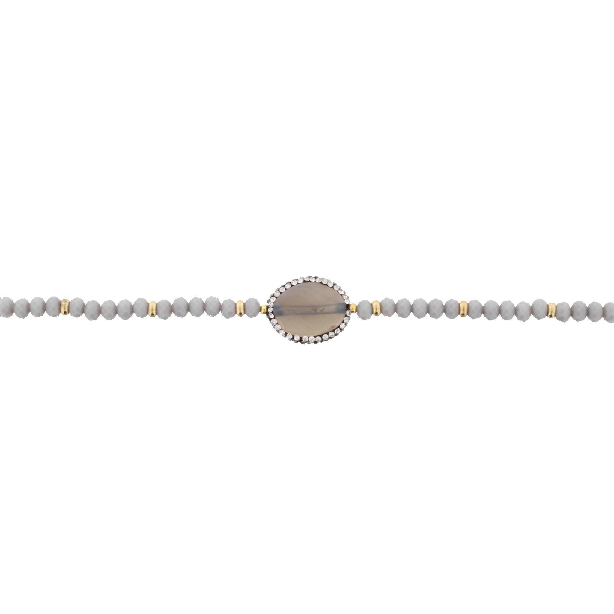 13" Grey Beaded Link Choker Necklace with Pave Grey Stone, 3" Ext