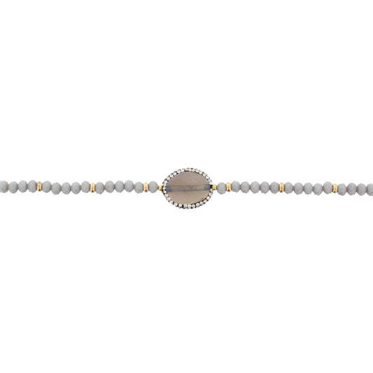 13" Grey Beaded Link Choker Necklace with Pave Grey Stone, 3" Ext