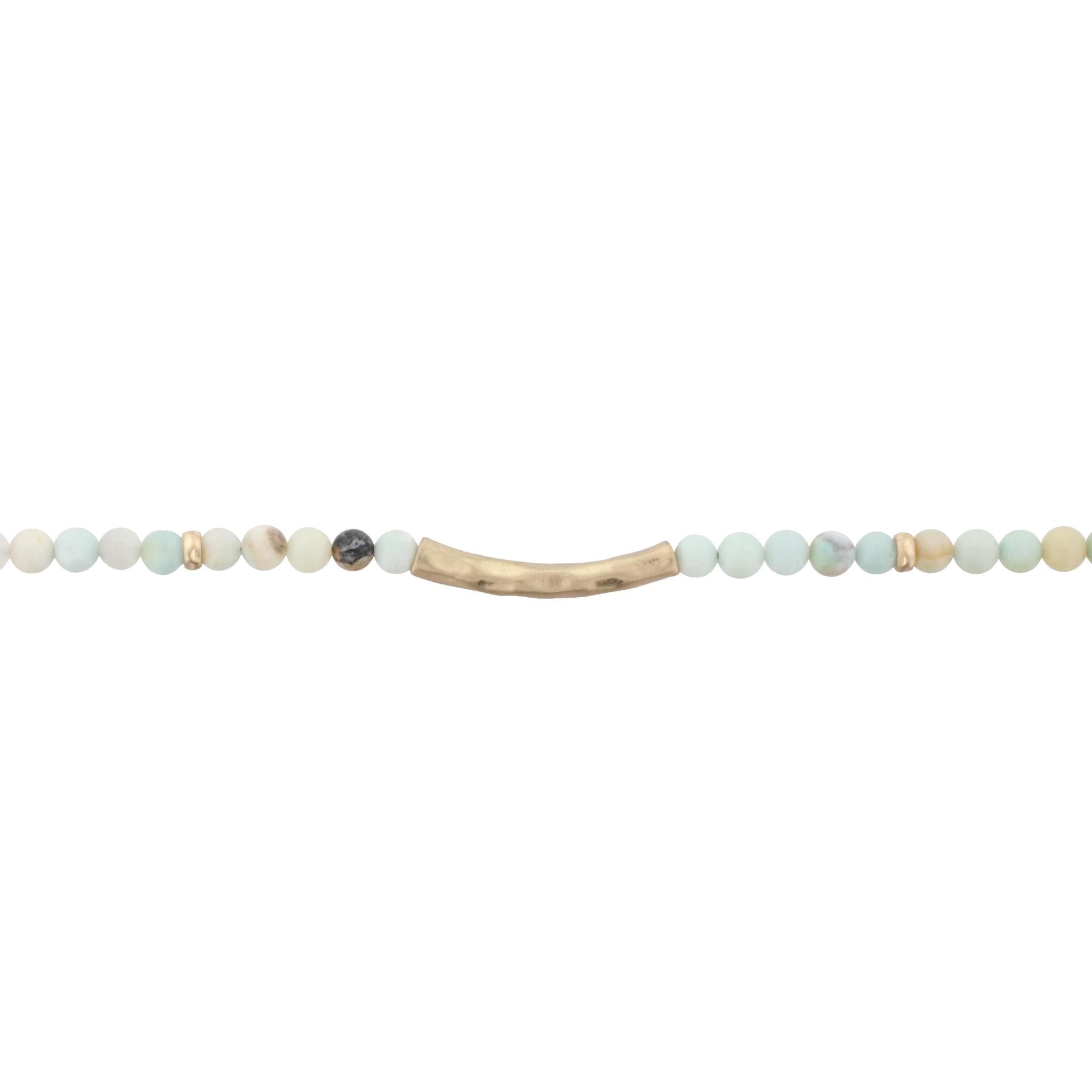 13" Amazonite Stone Beads with Hammered Antique Gold Bar Choker Necklace, 3" Ext