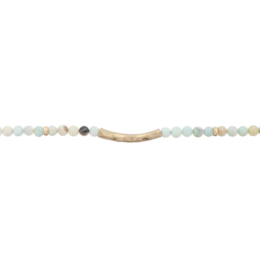13" Amazonite Stone Beads with Hammered Antique Gold Bar Choker Necklace, 3" Ext