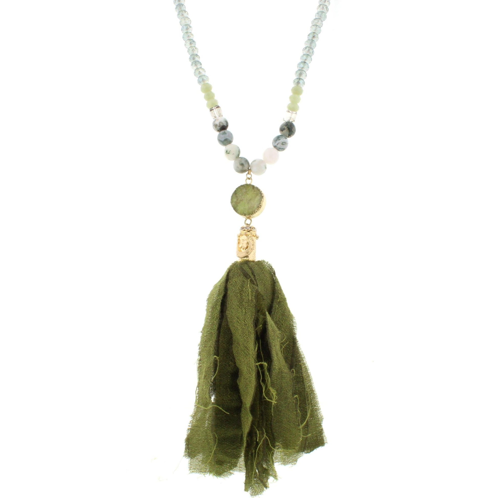 32" Green Beaded Necklace with Circle Green Druzy and Green Fabric Tassel, 3" Ext