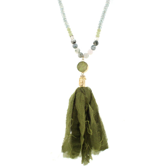 32" Green Beaded Necklace with Circle Green Druzy and Green Fabric Tassel, 3" Ext