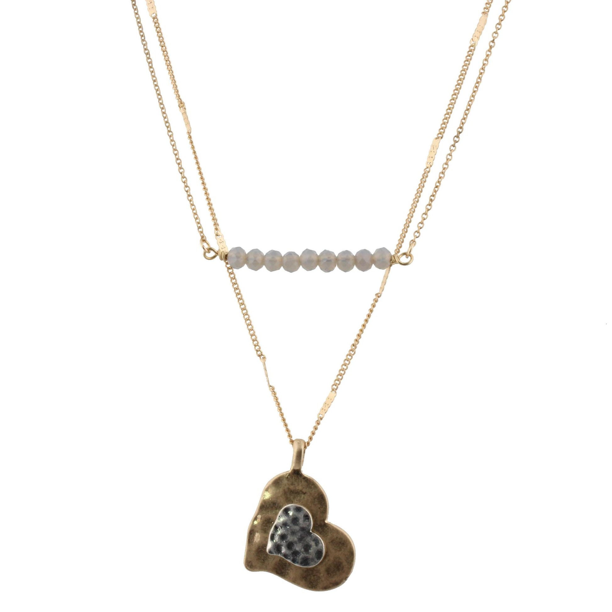 16" Delicate Gold 2 Layer Grey Beaded Bar, Heart Charm, 3" Ext