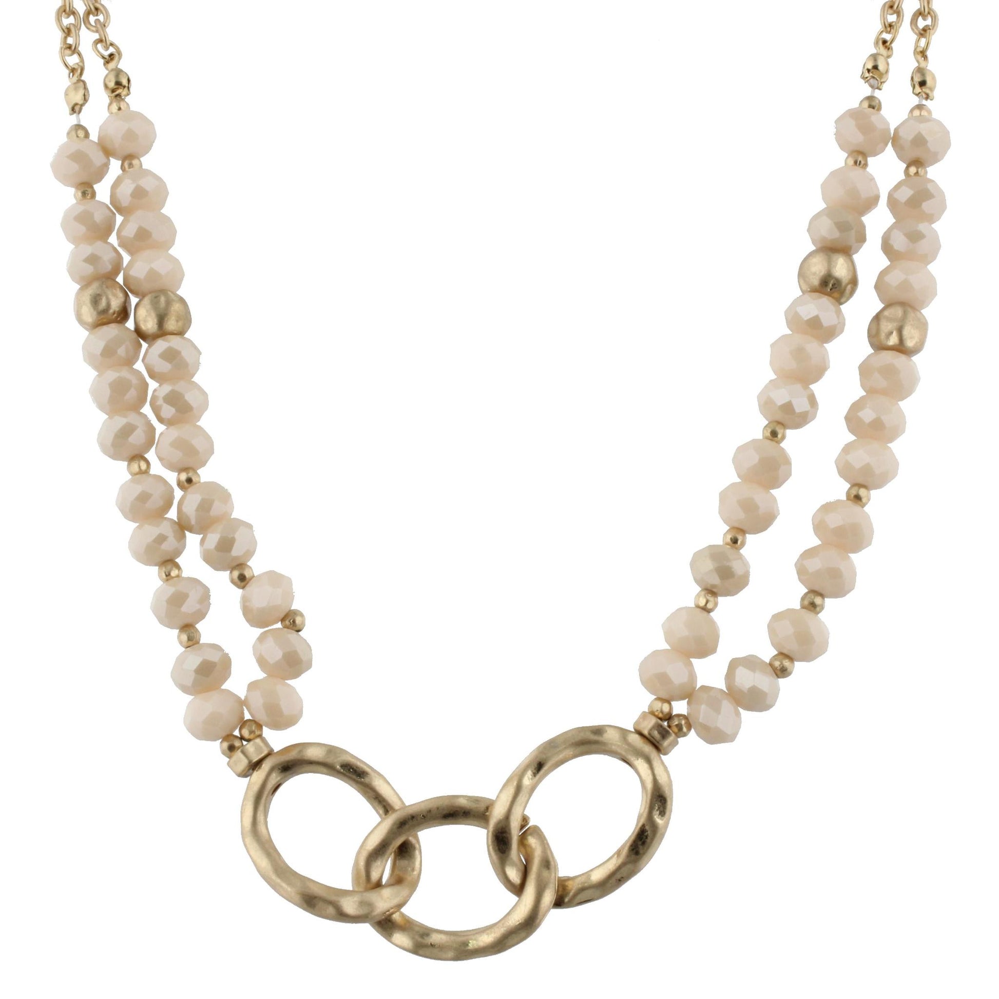 16" 3 Gold Link with Faceted Cream Beads Necklace, 3" Ext