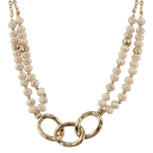 16" 3 Gold Link with Faceted Cream Beads Necklace, 3" Ext