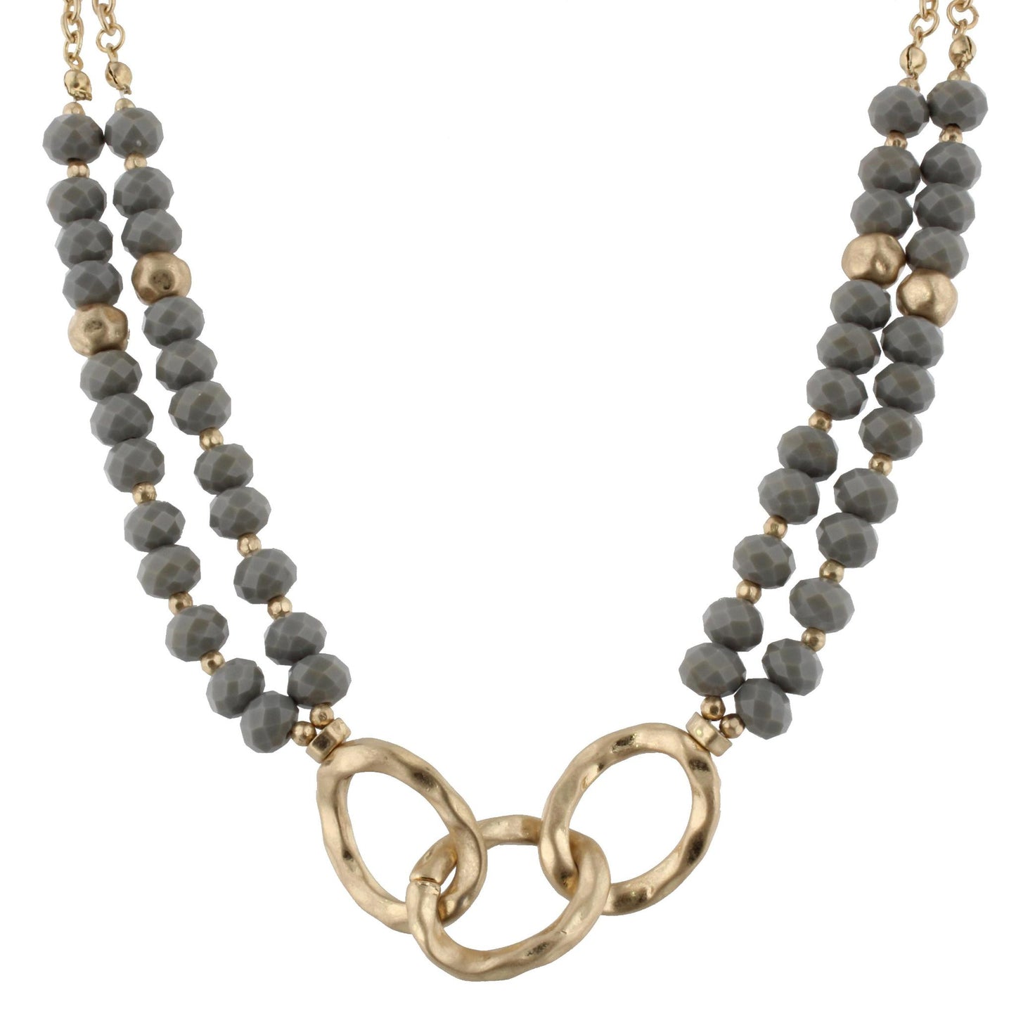 16" 3 Gold Link with Faceted Grey Beads Necklace, 3" Ext
