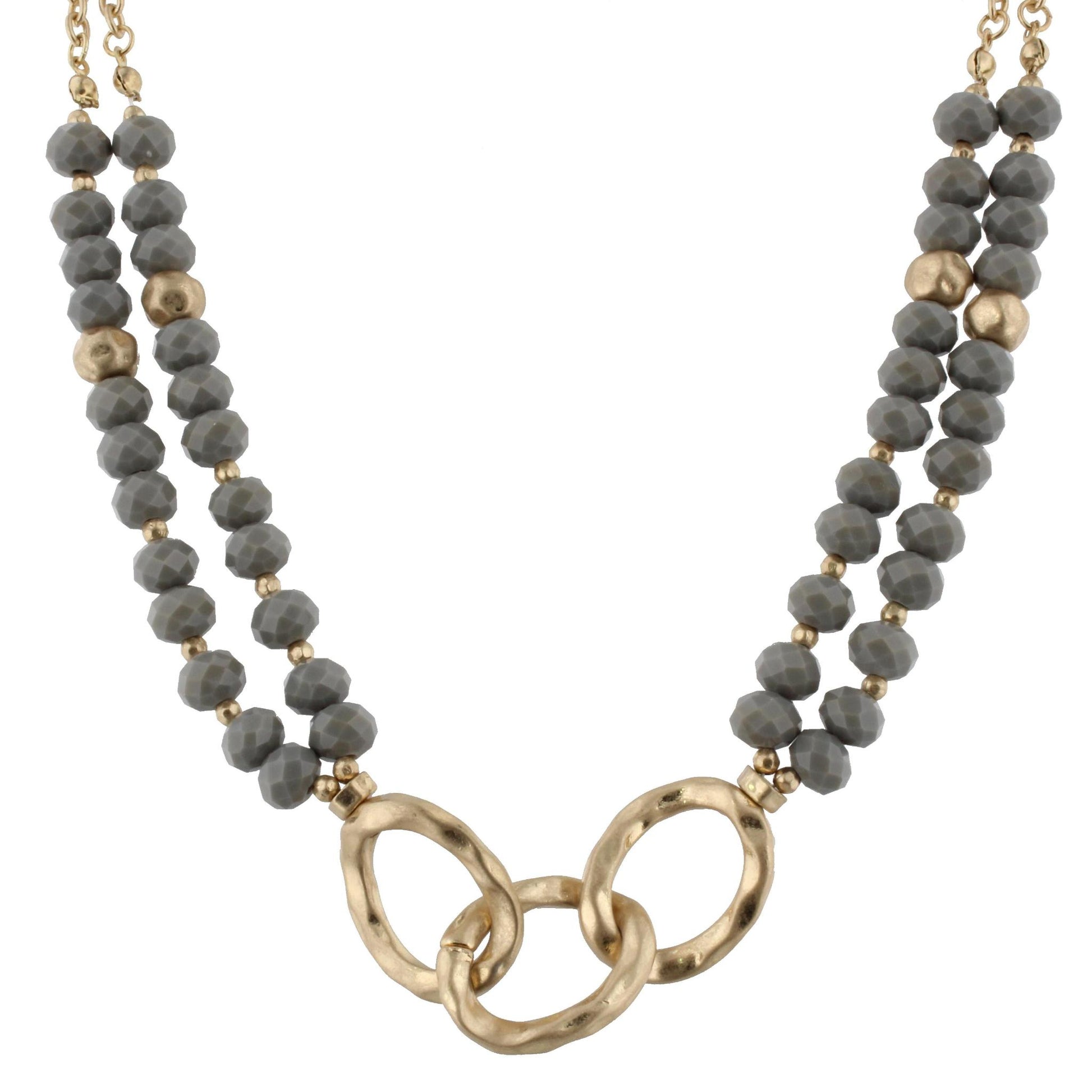 16" 3 Gold Link with Faceted Grey Beads Necklace, 3" Ext