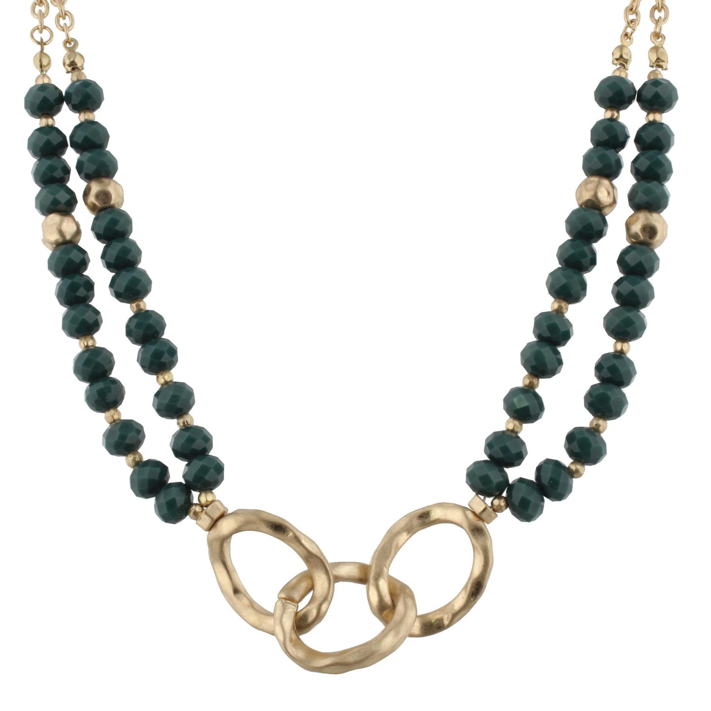 16" 3 Gold Link with Faceted Dark Green Beads Necklace, 3" Ext