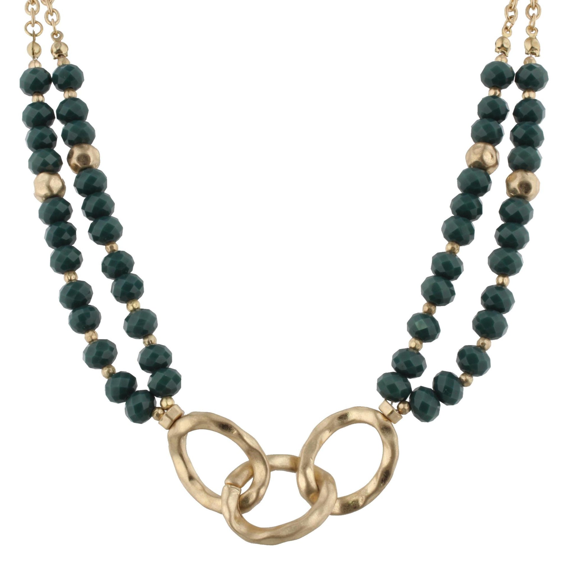 16" 3 Gold Link with Faceted Dark Green Beads Necklace, 3" Ext