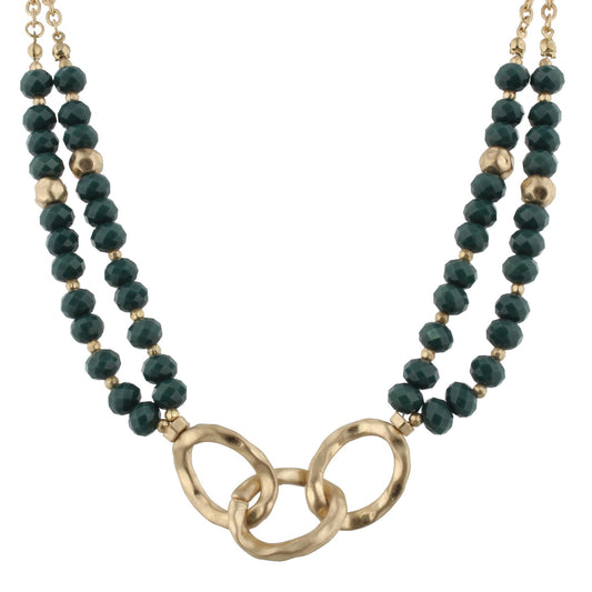 16" 3 Gold Link with Faceted Dark Green Beads Necklace, 3" Ext