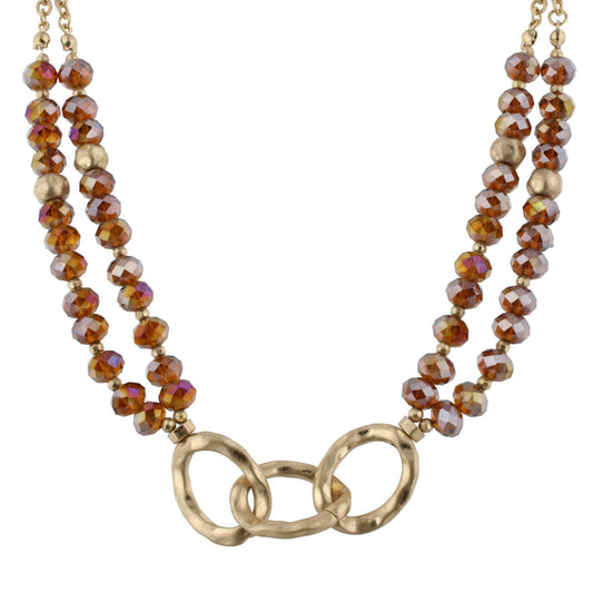 16" 3 Gold Link with Faceted Dark Topaz Beads Necklace, 3" Ext