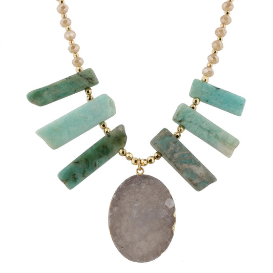 18" Amazonite Stone Bib Necklace with Champagne Body and White Druzy Pendant, 3" Ext