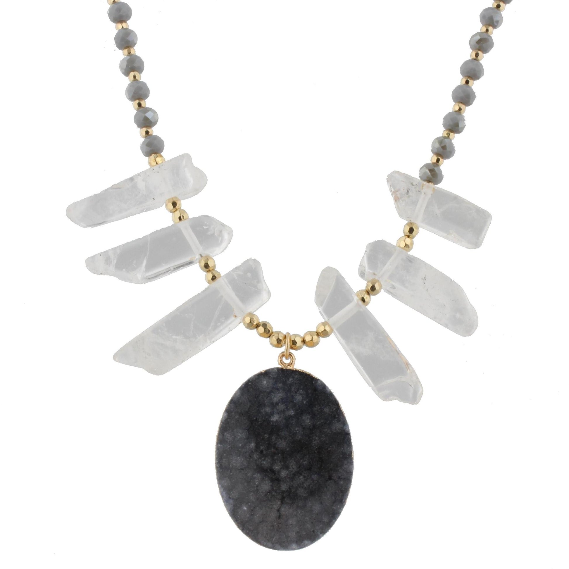 18" Clear Stone Bib Necklace with Grey Body and Grey Druzy Pendant, 3" Ext