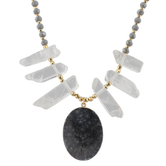 18" Clear Stone Bib Necklace with Grey Body and Grey Druzy Pendant, 3" Ext
