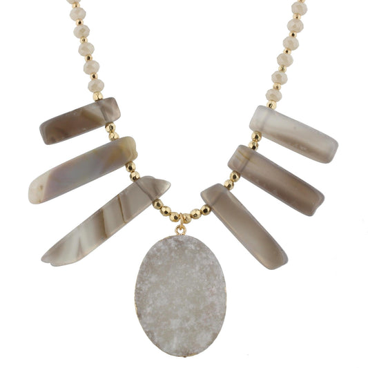 18" Grey Stone Bib Necklace with Champagne Body and White Druzy Pendant, 3" Ext