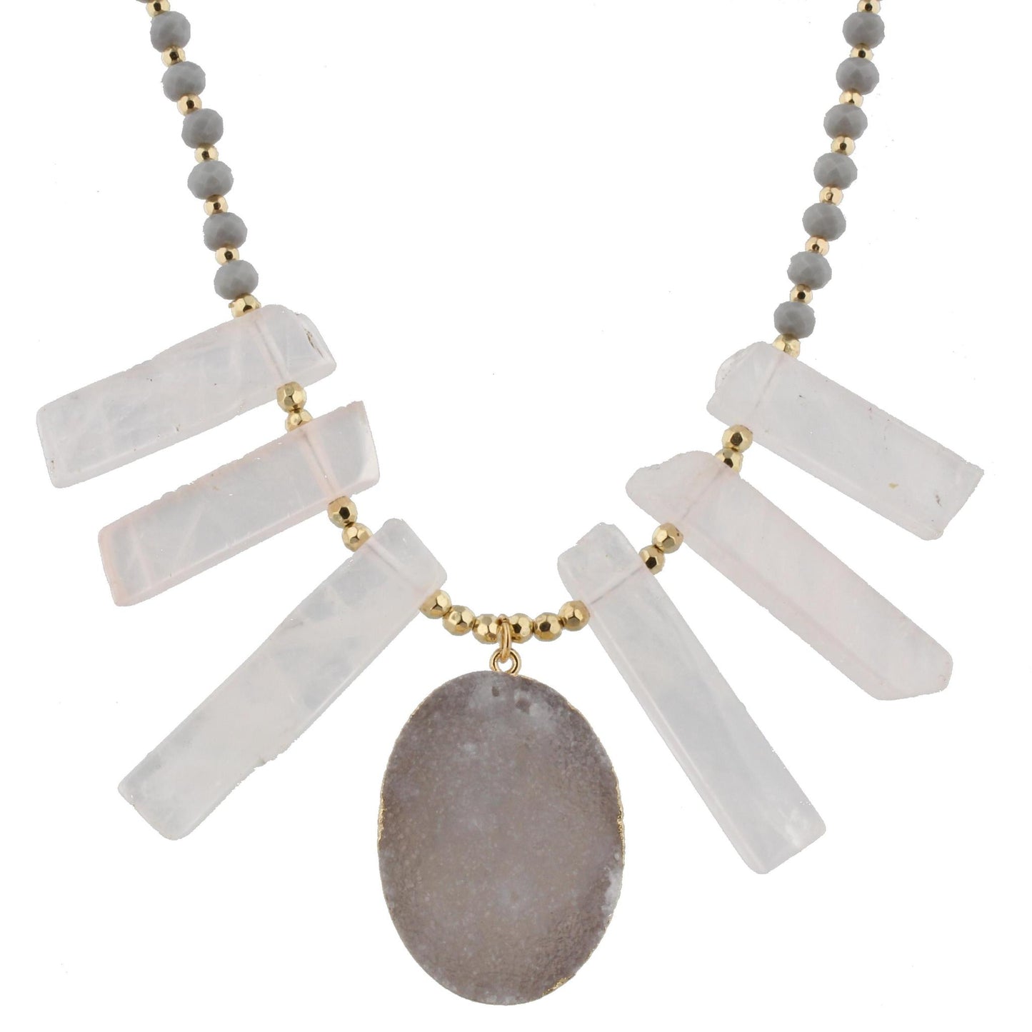 18" Pink Stone Bib Necklace with Grey Body and White Druzy Pendant, 3" Ext