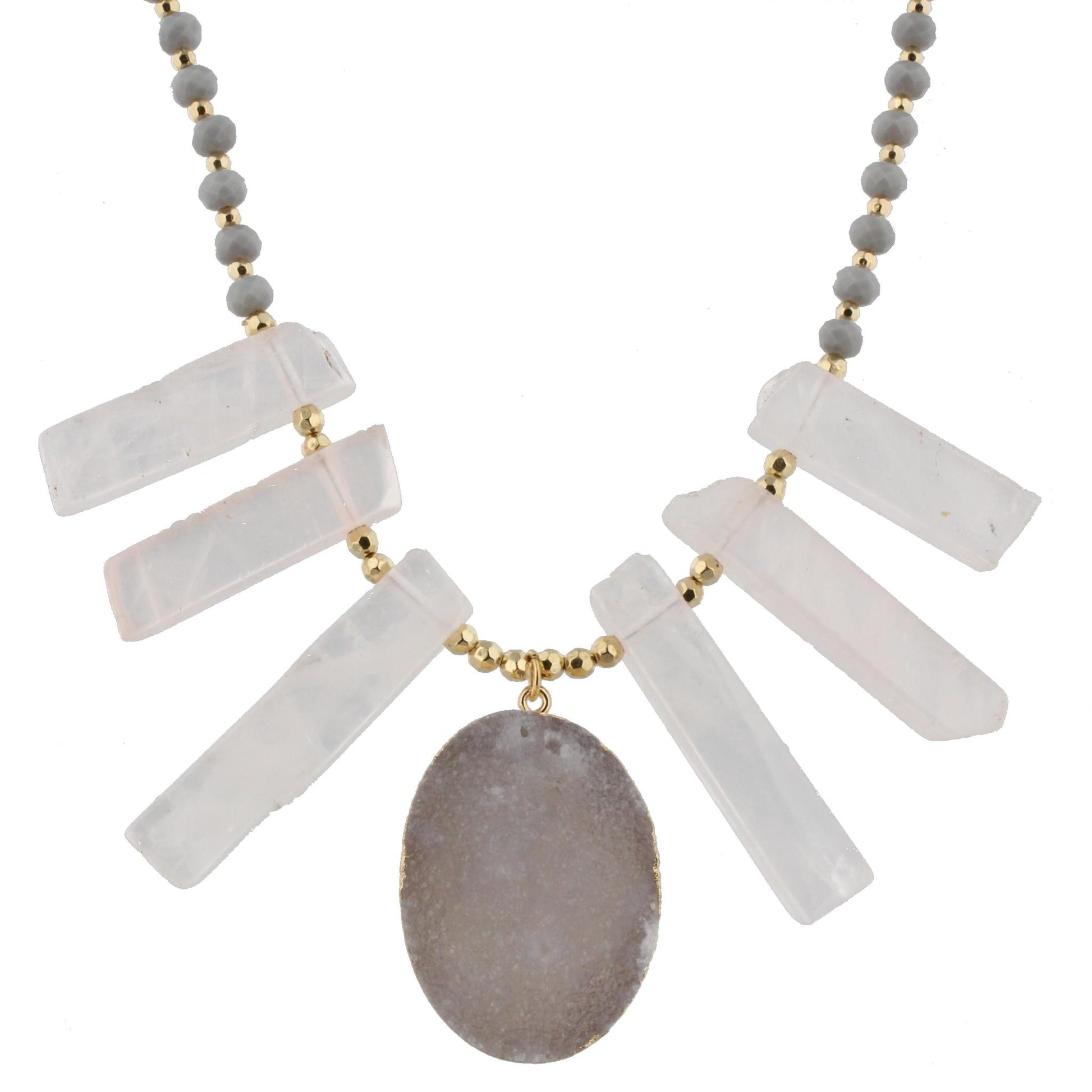 18" Pink Stone Bib Necklace with Grey Body and White Druzy Pendant, 3" Ext