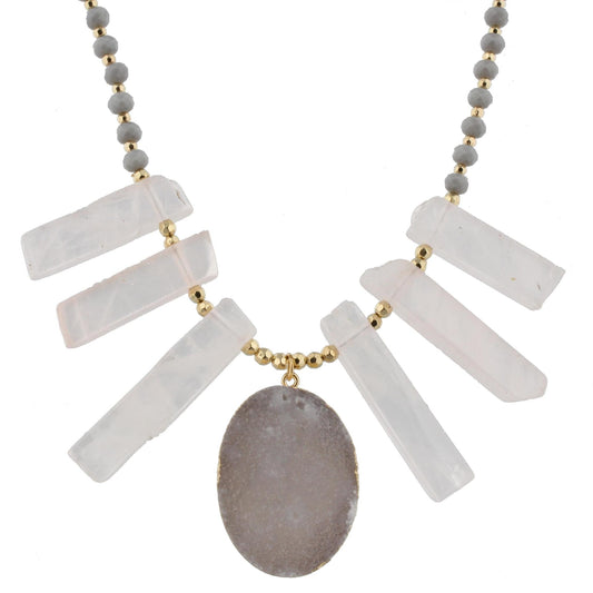 18" Pink Stone Bib Necklace with Grey Body and White Druzy Pendant, 3" Ext