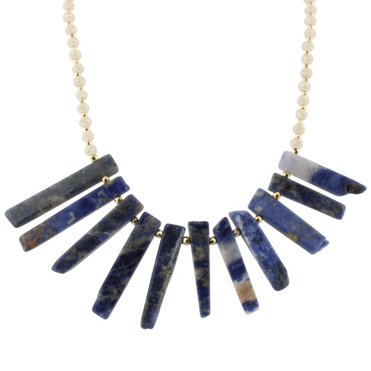 18" Sodalite Stone Bib Necklace with Champagne Beaded Body, 3" Ext