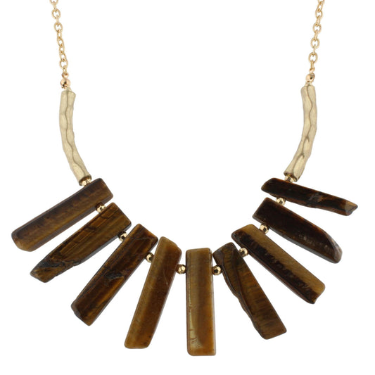 18" Tigers Eye Stone Bib Necklace with Gold Bar, 3" Ext