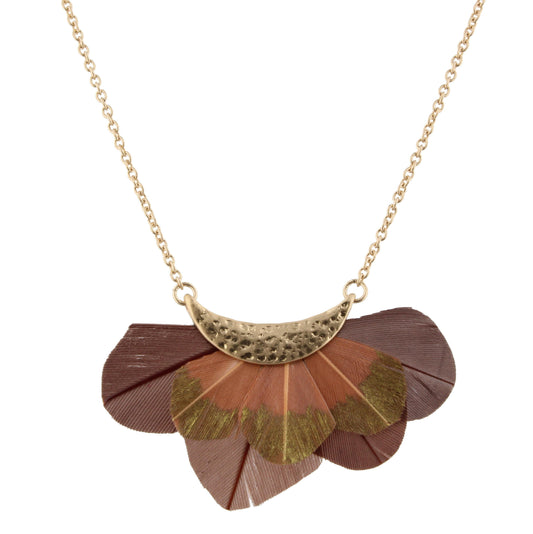 16" Gold Dipped Brown Feather Bib Necklace,3" Ext