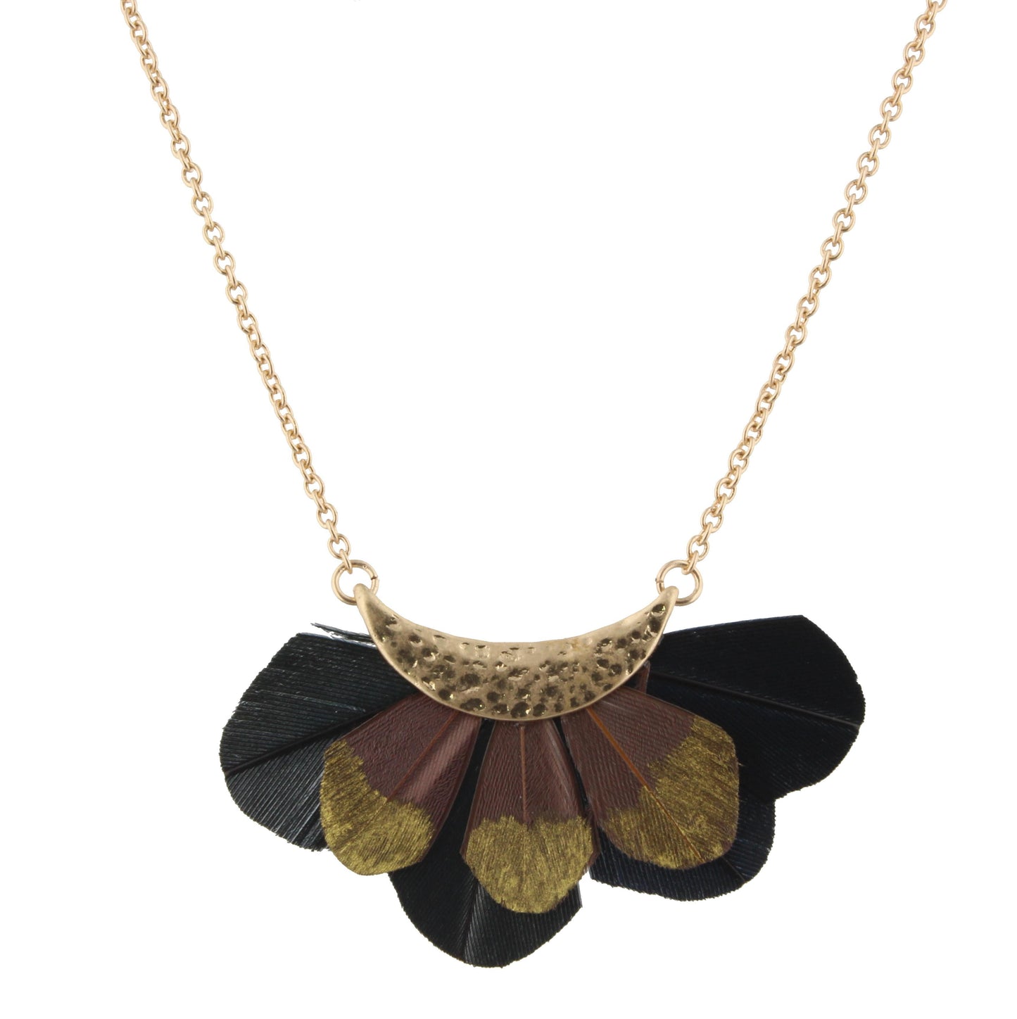 16" Gold Dipped Jet Feather Bib Necklace,3" Ext
