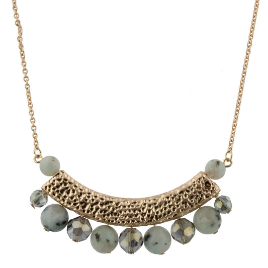 30" Kiwi/Black Diamond Beaded Bib Necklace, 3" Ext