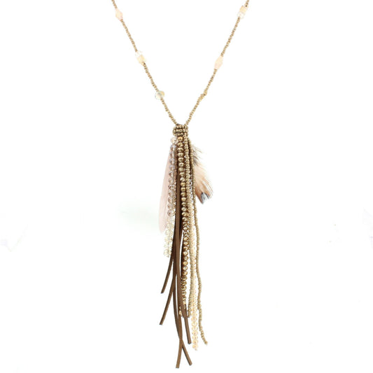 32" Beaded Gold/Champagne Necklace with Neutral Feathers, Beaded & Leather Tassel, 3"Ext
