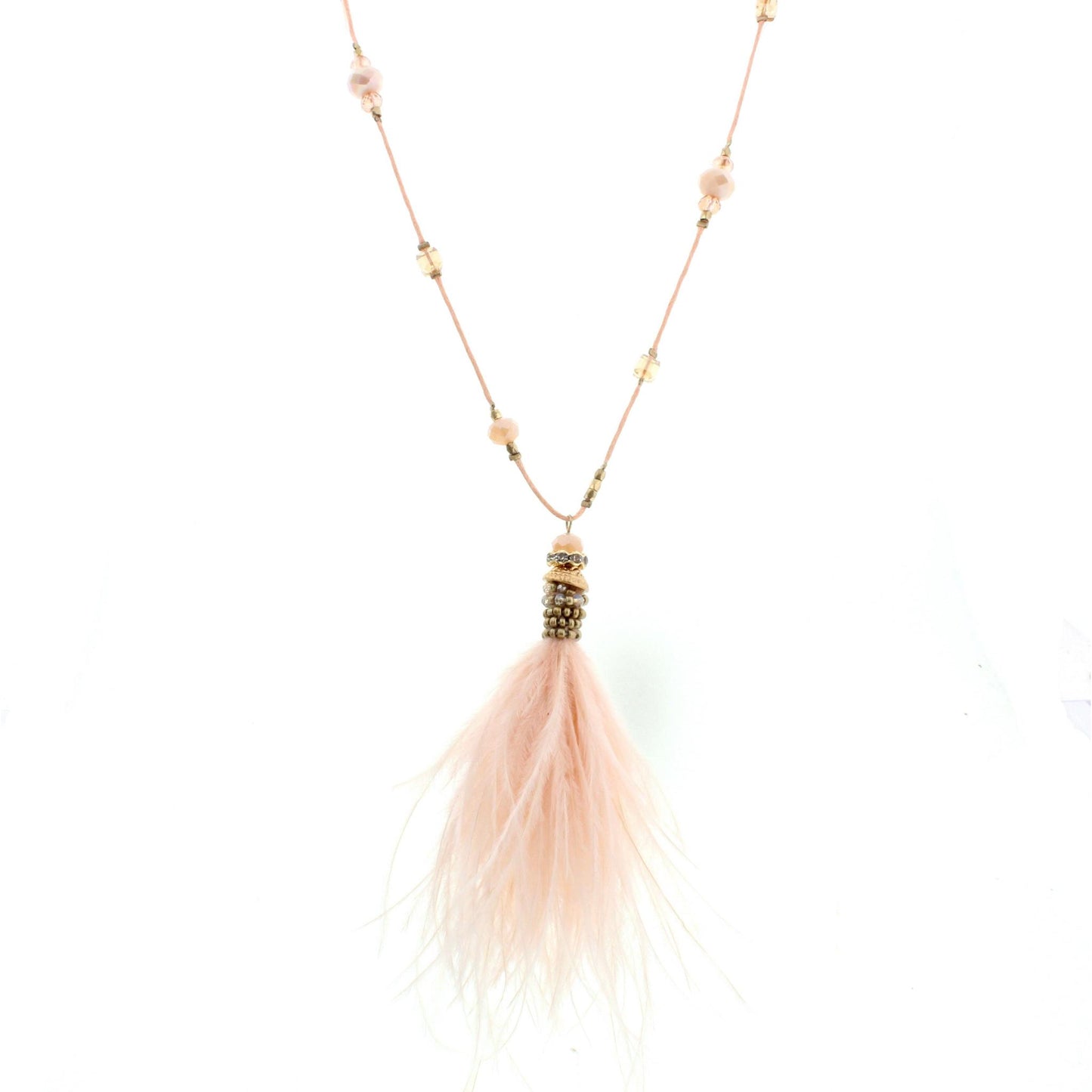 32" Beaded Pink Cord Necklace with Pink Feather Tassel, 3"Ext